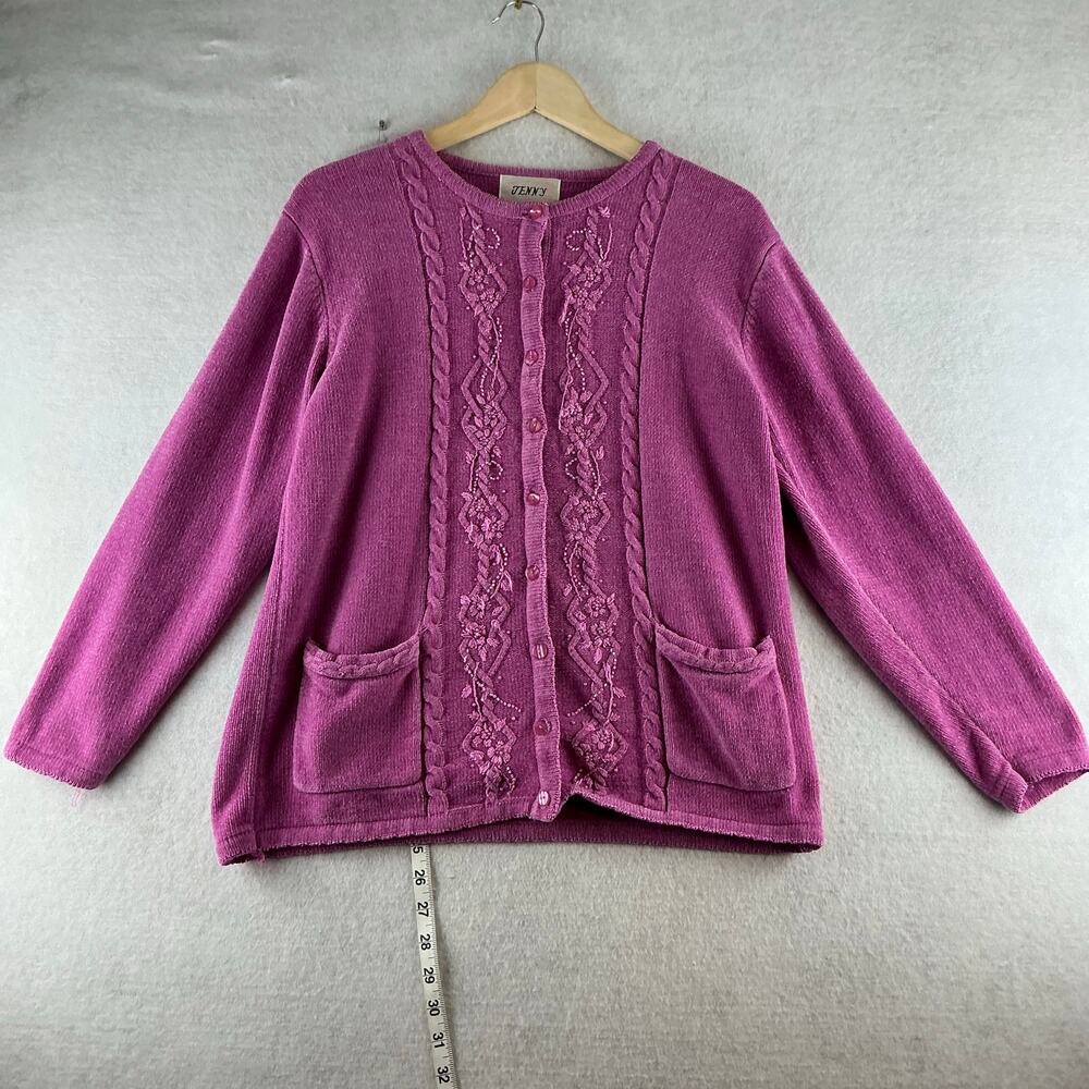 Vintage Jenny Button Up Chenille Cardigan Sweater Women's Large Fuchsia Pockets